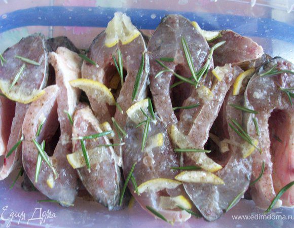 рыбу почистить, помыть, удалить голову, хвост и плавники.
порезать рыбу крупными кусочками толщиной около 3 см.
порезать лимон(я резала полосочками, можно дольками).
взять судок (или что кому больше нравится), выложить рыбу слоями, при этом каждый слой посолить, поперчить, посыпать розмарином, лимоном, полить оливковым маслом и взбрызнуть соком лимона. оставить в холодильнике мариноваться, я ставила на ночь.