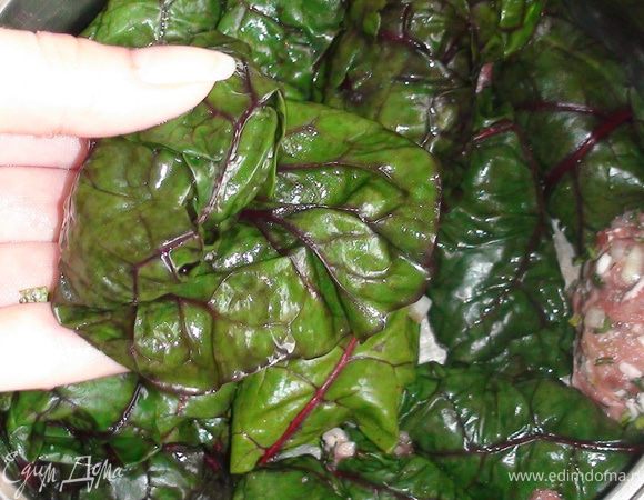 Завернить начинку в листья и плотно уложить и кастрюлю.