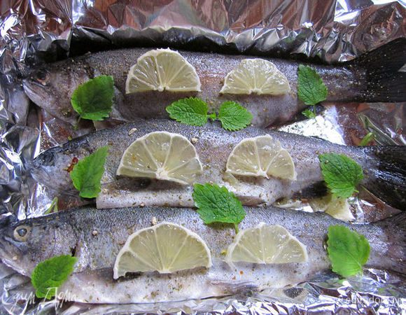 Свежую рыбку, у меня это радужная форель, почистить, выпотрошить, натереть смесью соли и приправы для рыбы. Отрезать кусок фольги, больше рыбы в 2 раза с хвостиком, выстелить ею противень, так, чтобы половина осталась лежать на столе. Лимон порезать полукольцами, уложить часть на противень, сверху лимона уложить рыбку. Внутрь рыбы тоже положить лимон и сверху тоже. Я добавила ещё листики мелисы. Накрыть рыбку второй половинкой фольги, защипить края и запечь в предварительно разогретой до 180 гр. духовке минут 30-35.
1