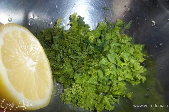 Крупно нарезать салат, добавить 2-3 ст. ложки оливкового масла, лимонный сок, соль, перец, все перемешать.