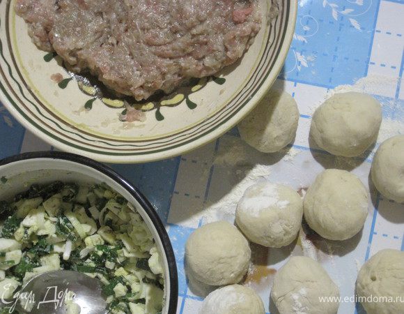 Замешиваем тесто и готовим начинку.
Воду водку и масло ставим на огонь, добавляем соль. Закипит — всыпаем 1 ст. л. муки и хорошо размешиваем. Снимаем с огня и вбиваем яйцо. Остынет, подсыпаем 3 ст. л. муки и замешиваем тесто. Ставим на 1,5 часа в холод.
Фарш солим, перчим и добавляем лук и бульон или воду (около 1 ст.л.).