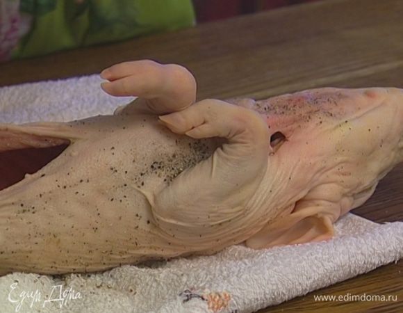 Тушку поросенка вымыть, просушить, натереть солью и перцем изнутри и снаружи и оставить при комнатной температуре.