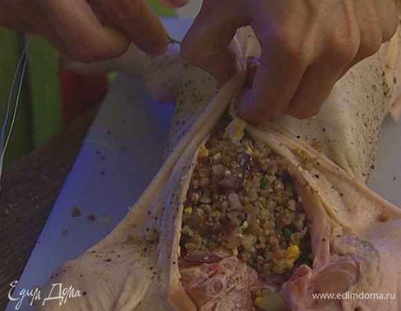 Перемешать гречку с яйцами, обжаренным и зеленым луком, начинить брюшко поросенка и зашить его шелковыми или кулинарными нитками.