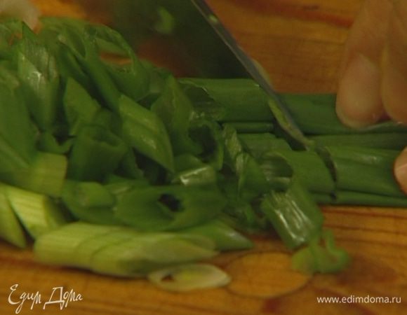 Зеленый лук нарезать продолговатыми колечками.