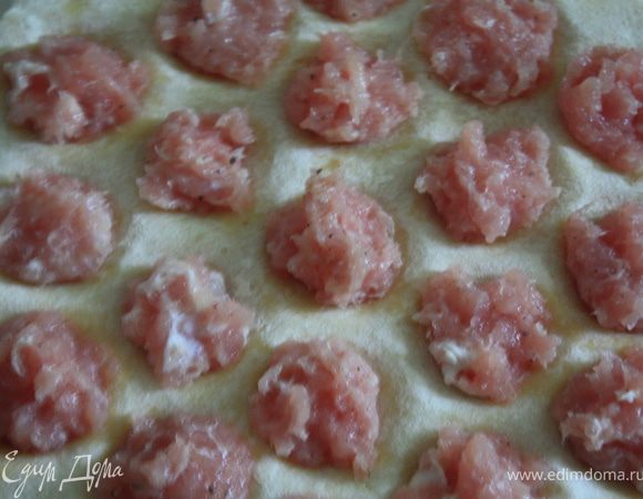 Приготовить пельменное тесто, рецепт простой, у каждой хозяйки могут быть свои варианты: просеять 250 грамм муки на стол, слегка подсолить, добавить в горку из муки яйцо и немного воды. Тесто тщательно вымесить и,если используете форму для пельменей разделить на 4 части, и раскатать тонкий или тонки пласты. слепить пельмени. Я использовала форму для пельменей.