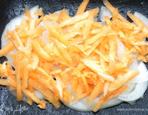 Укладываем все ингредиенты на противень послойно: лук, сверху морковь.