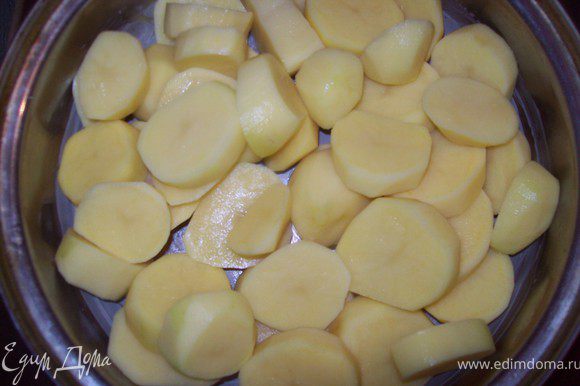 картофель чистим и нарезаем кружочками толщиной 1 см. Смазиваем форму сливочным маслом (не много) и выкладываем туда картофель. Солим.