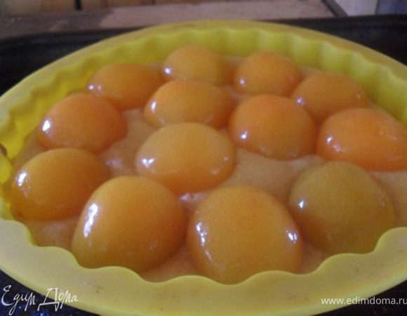 Достать корж из духовки, разложить сверху абрикосы.