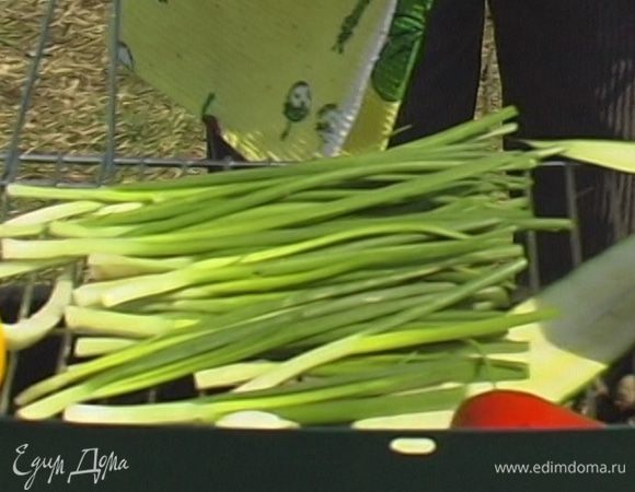 Зеленый лук пожарить на гриле, не нарезая.