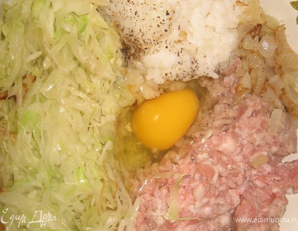 капусту мелко нашинковать и притушить на сковороде чтобы стала мягкой остудить
лук поджарить 
все кроме соуса хорошо перемешать