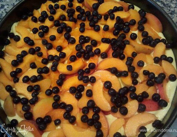 Для основы печенье размолоть в крошку, смешать с маслом, выложить в форму, застеленную пергаментом и смазанную маслом, утрамбовать, отправить в холодильник минимум на 30 мин. Для начинки творог, сахар, лимонный сок взбить блендером, продолжая взбивать добавить по одному яйца. Если творог очень сухой - добавьте стол. ложку сметаны. Всыпать муку, тщательно перемешать. Начинку выложить на основу, разровнять. Сверху выложить абрикосы, порезаные на дольки и чернику.