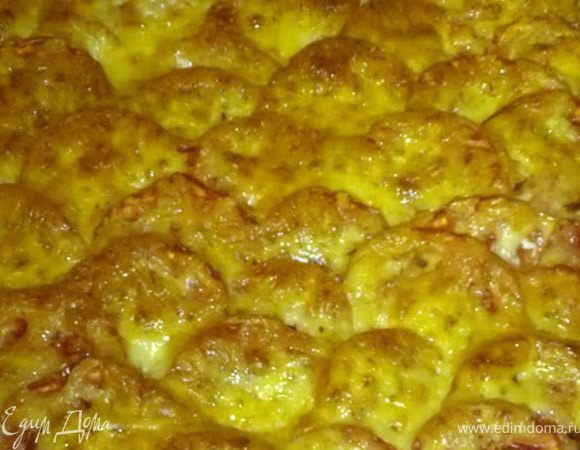 Выкладываем сначала маринованное мясо. Обильно посыпаем луком. Далее "чешуйками" выкладываем кружки картофеля, слегка солим заливаем оставшейся сметаной. Поверх картофеля так же выкладываем нарезанные помидоры. Обильно посыпаем натертым сыром.
Готовить в разогретой до 200С духовке 35-40 минут.
Приятного аппетита!