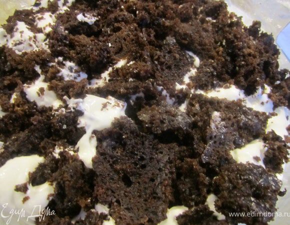 Полить сметаной(немного оставить для покрытия) и поломать остатки бисквита.
Поставить в холодильник на 1-2 часа.