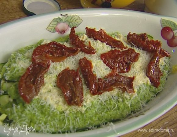 Выложить в глубокое блюдо слоями запеченные полоски цукини, соус песто, рикотту, слегка присыпать пармезаном, сверху разложить помидоры, снова слоями цукини, рикотту, песто, присыпать оставшимся пармезаном, выложить слой помидоров и присыпать листьями базилика.