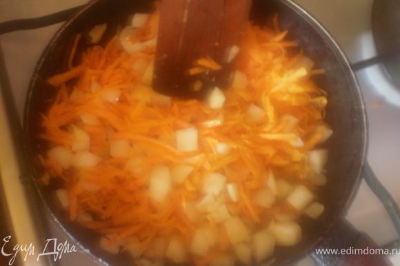 Лук покрошить, морковь натереть на терке, из помидор сделать пюре или сок. Обжарить лук и морковь на растительном масле, добавить томат, потушить.
