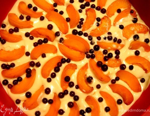 Дно и стенки формы(d=26см) выстелить пекарской бумагой(кроме силиконовых форм).Часть теста выложить в форму,сверху распределить половину ягод и фруктов.