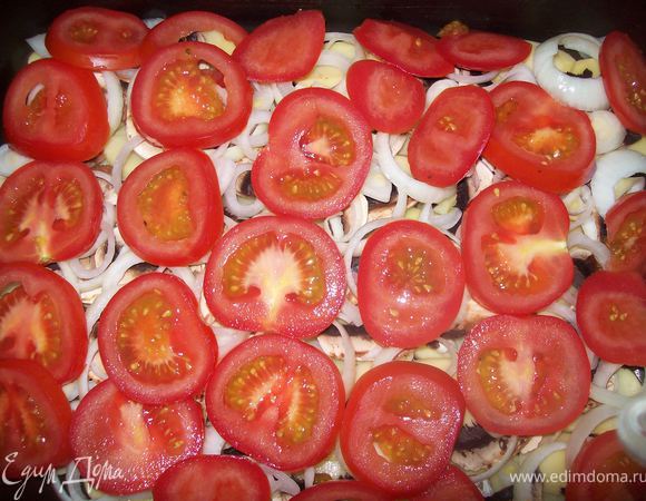 Далее лук нарезанный тонкими колечками и помидоры