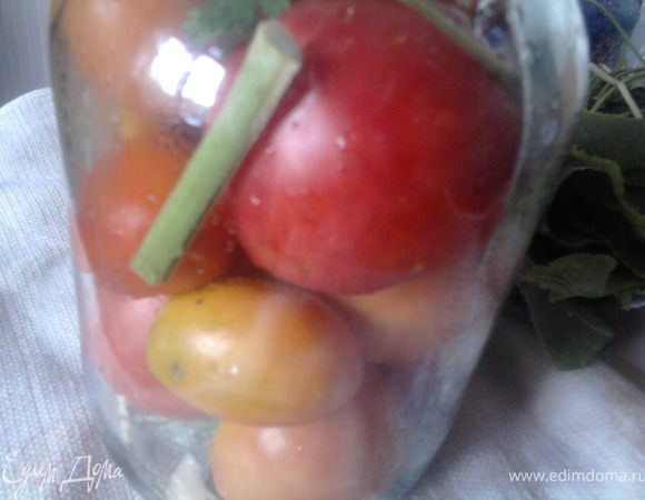 Моем специи, помидоры. На дно банки кладем веточки сухого укропа (я не кладу зонтики, чтобы меньше плавало в маринаде "мусора", когда зимой захочется его налить и выпить), зубчики чеснока, перец горошком, лук, петрушку - а в общем то, что вы привыкли. Укладываем помидоры и сверху тоже кладем немного специй. Накрываем простерилизованной крышкой и ставим в кастрюлю с кипящей водой (подготовленную как для стерилизации, т.е. на дне ткань или спец.подставка)