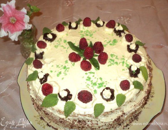 
Торт вынуть из разъемной формы, смазать тонким слоем крема, уложить второй корж бисквита. Смазать верх и бока торта кремом. Бока торта посыпать тертым шоколадом, украсить  торт кремом, шоколадом, малиной, листиками мяты и мелисы, кокосовой стружкой.
