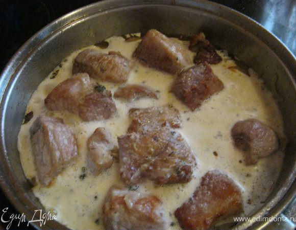 Теперь мясо выкладываем обратно в сковородку к луку,вливаем йогурт со специями.Добавляем очищенный от кожуры и порезанный дольками 1 апельсин.Второй апельсин чистим,режим дольками и оставляем для украшения блюда.