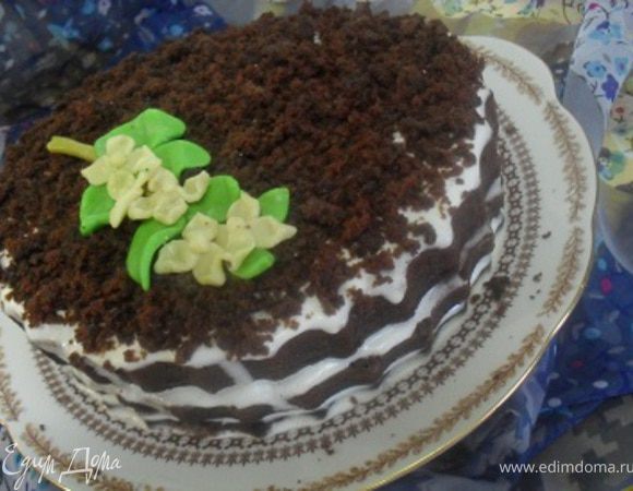 Верх торта покрыть крошкой.Далее украсить по желанию, у меня веточка с цветочками из шоколадной мастики.