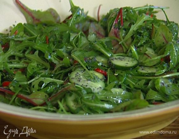 Выложить огурцы и перец чили в глубокую посуду, добавить мак, полить заправкой, перемешать и присыпать кинзой. 