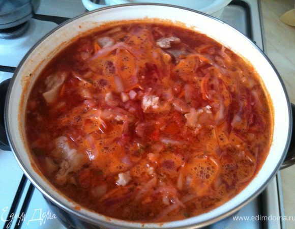 Посолить, поперчить, добавить лавровый лист. Если вы использовали томатную пасту, то для остроты можно добавить пару ложек лимонного сока или уксуса. Продолжить варить на медленном огне еще около 30-40 минут.