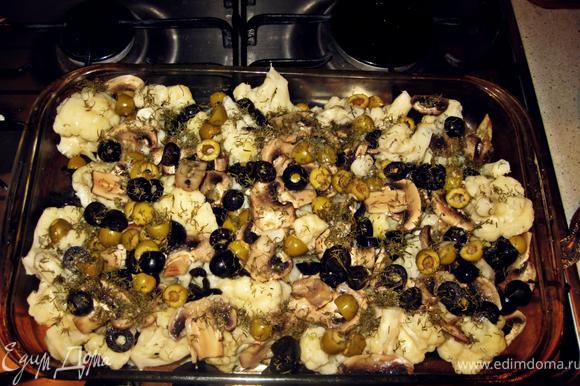 Петрушку вымыть, порезать. Маслины и оливки нарезать колечками. Выложить капусту, грибы и маслины с оливками в форму для запекания. Сбрызнуть оливковым маслом и посыпать зеленью.