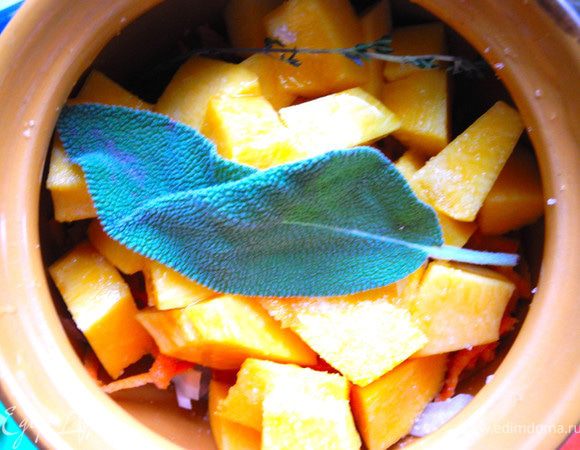 Укладываем в горшочек слоями:
рыба
фенхель
лук
морковь
тыква.
Рыбу и тыкву чуть присолить. Сверху полить оливковым маслом и положить кусочек шалфея. Поставить горшочек в холодную духовку, нагреть ее до 200 градусов и запекать после этого 15 минут. 
