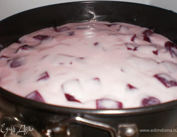 На дно разъемной формы положить бисквит, сверху выложить кусочки малинового желе и залить йогуртовым желе. Так поочередно заполнить форму до верха. Верхним должен быть бисквит.