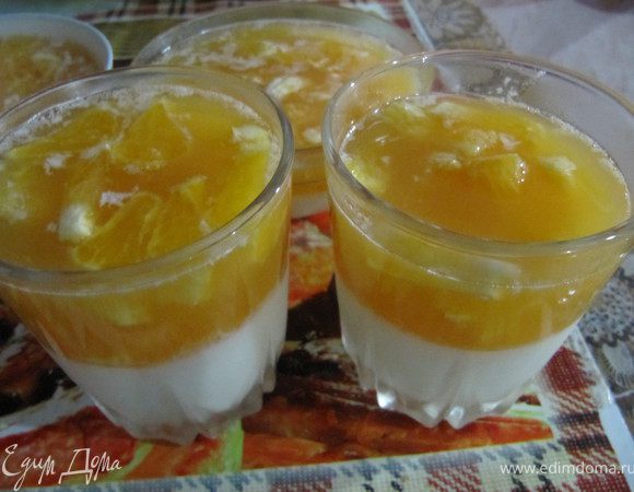 В емкость влить 200 мл кипятка и 200 мл подогретого апельсинового сока, всыпать 1 упаковку апельсинового желе и размешать до полного растворения желатина. Разлить по формочкам. Отправить в холодильник до застывания, подавать можно, украсив долькой мандарина. Приятного аппетита :)