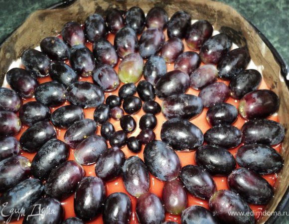 Для верхнего слоя: желатин залить половиной виноградного сока, дать разбухнуть, затем распустить на водяной бане. Вторую половину виноградного сока разогреть с сахаром до его растворения, добавить вино и распушенный желатин. Охладить до комнатной температуры. Виноград разобрать на ягодки.
На торт выложить виноград и залить в два приема желе ( второй раз после того, как схватится первый слой). Поставить в холодильник застывать.
