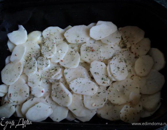 Глубокий сотейник смазать растительным маслом, выложить слой картофеля толщиной 1.5см, посолить, посыпать прованскими травками.