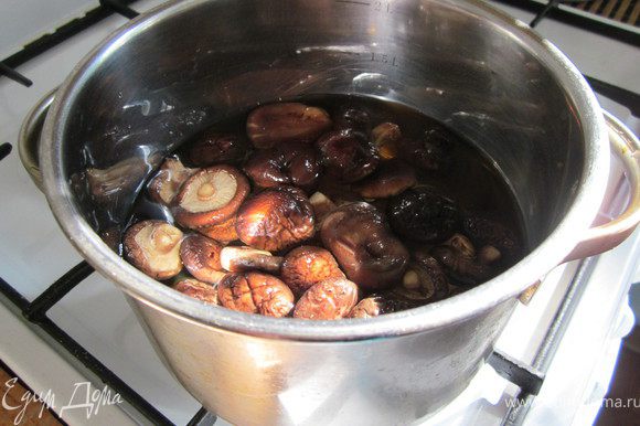 Положить грибы с водой, в которой замачивались, в кастрюлю. Добавить бульон (я пока пользуюсь водой), чтобы получился один литр. Поставить на огонь, довести до кипения и варить 15 минут.