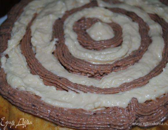 а потом в один шприц берем крем обычный, а во второй с какао, и по очередности выдавливаем крем по кругу