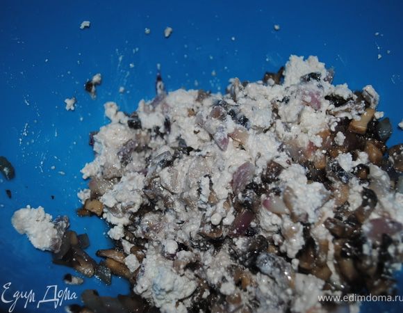 когда грибы с луком поджаряться, к ним добавить пачку творога и все хорошенько перемешать, потом добавить жареное мясо