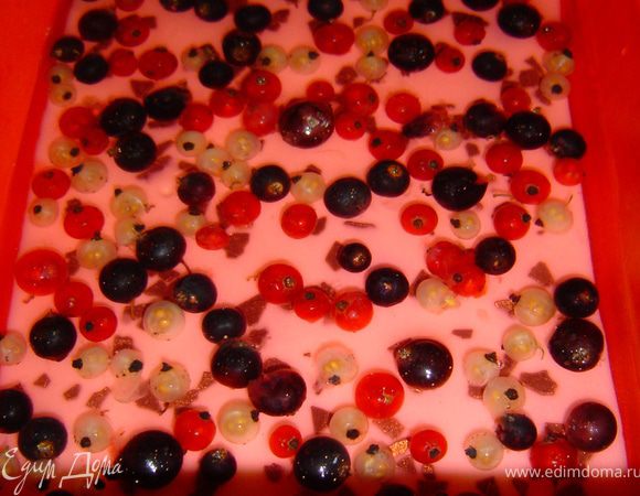 Пусть желе застывает, а мы разводим клубничное желе, как указано на упаковке и даем ему остыть. На сливочное желе выкладываем смородину, заливаем клубничным желе и даем ему полностью застыть в холодильнике.