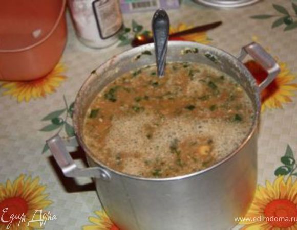 Квас. В идеале - светлый квас, заквашенный на ржаной муке, но я его делать не умею. Из того, что продается в магазинах, подходит только "Очаковский". Квас добавляем небольшой струей, постоянно помешивая. Солим по вкусу. 
Рекомендую употреблять вприкуску с черным хлебом и горячим отварным картофелем. Как вариант, картофель можно порезать в окрошку.
Приятного аппетита! 
