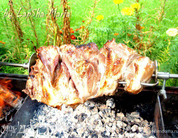 Мясо надо хорошенько помыть и отчистить от пленок и лишнего жира.  Как следует натереть мясо солью и перцем. Сделать ножом надрезы и нашпиговать чесноком и курдючным жиром. Лук нашинковать полукольцами, положить к мясу и оставить мариноваться на ночь.