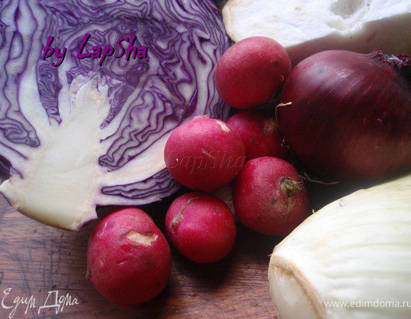 Хочу вам немного рассказать о пользе ингредиентов. КРАСНОКОЧАННАЯ КАПУСТА -  очень полезный и диетический продукт. Такого количества белков нет ни в одном овоще. Так же она содержит очень редкие витамины K и U. КРАСНЫЙ ЛУК понижает уровень холестерина и недавно ученые доказали, что лук имеет противораковые свойства. РЕДИС содержит фитонциды – так называемые природные антибиотики, которые для профилактики простуды слывут самыми лучшими помощниками. КОРЕНЬ СЕЛЬДЕРЕЯ - улучшает пищеварение, заряжает энергией человека и способен защитить от различных заболеваний. Вот такой состав у этого полезнейшего салата.