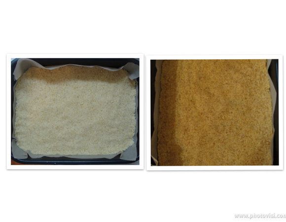 Выложить тесто в форму, распределить и придавить. Запекать 13-15 мин (края должны покоричневеть). Вынуть из духовки и остудить.