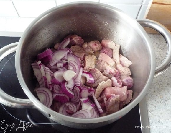 В кастрюле растопить на среднем огне топленое масло и немного обжарить в нем мясо. Добавить лук и снова все вместе обжарить.