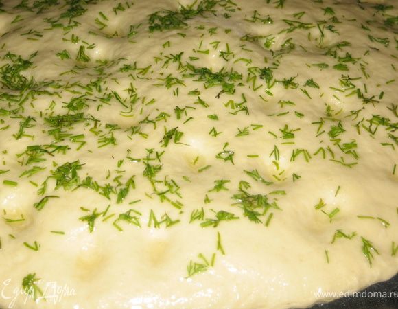 Делим тесто на 3 части. Из одной формируем фокаччу. Кладем на противень смазанный маслом. Оставляем на 20 минут для подъема. Пальцем делаем углубления, смазываем оливковым маслом ( у меня настоянное на чесноке) и посыпаем укропом. Но это на ваше усмотрение.