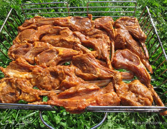 За то время пока маринуется мясо,мы добрались до дачи, разожгли мангал и подготовили угли для жарки. Выложить кусочки на решетку как можно плотнее друг к другу. 