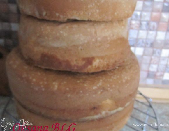 Приготовить два бисквита в форме 20-22 см и два бисквита в форме 15-16 см. (http://www.edimdoma.ru/recipes/20733)
Я выпекала бисквит в два подхода, порцию на 8 яиц, одну большую и одну поменьше форму, заполняла чуть больше серединки.