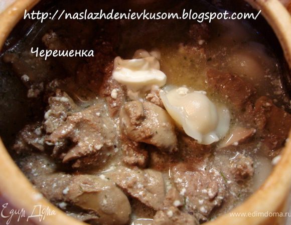 В горшочки выкладываем пельмени, сверху печеночно-сырно-сливочный соус, кусочек сливочного масла (по желанию) и заливаем бульоном, в котором варились наши пельмени… Густоту регулируйте сами, кто как любит… Попробуйте на соль и перец, если надо, то добавьте еще… Присыпьте укропом…