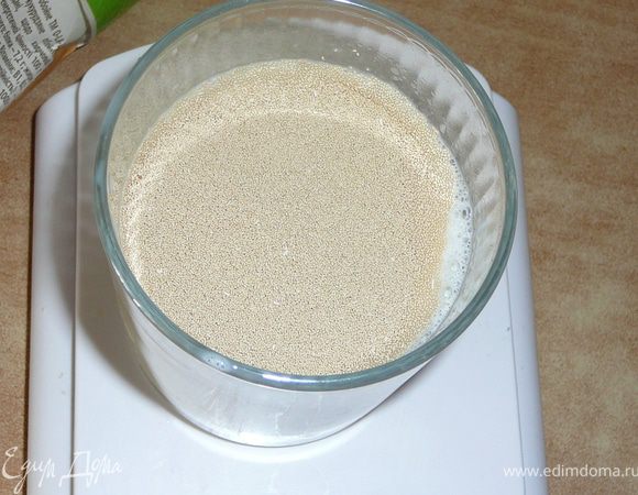 В теплое молоко не более 40гр.всыпать сухие дрожжи и добавить мед.Размешать и оставить на минут 5.