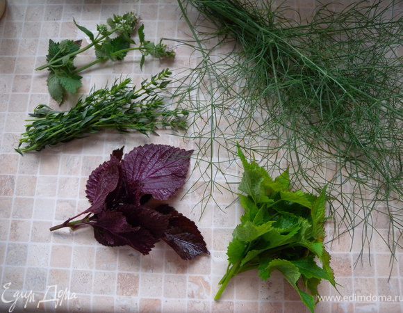 Далее зелень. У меня была зелень фенхеля, базилика, лофанта анисового, мелисы и иссопа. Моем и измельчаем с блендере.