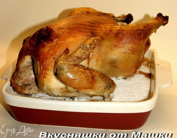 На противень высыпать соль, равномерно ее распределить. Курицу вымыть, вытереть полотенцем, положить на соль грудкой вверх. И "забыть" в духовке на час, полтора. Температура 180 градусов.
