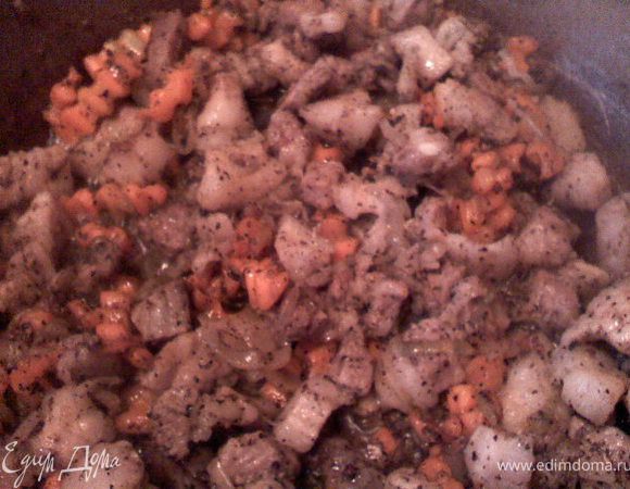  Лук нарезать полукольцами, морковь соломкой, мясо не большими кусочками.
 Обжарить в глубокой кастрюли лук до прозрачности, добавить мясо, тушить минут 10-15. Добавить морковь тушить еще минут 5. Добавить все приправы.
 